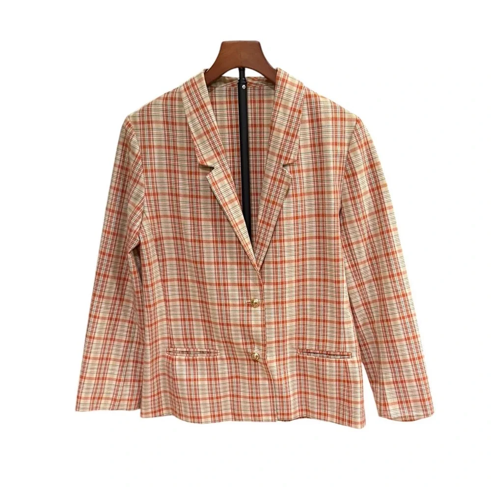 Vtg 80s Plaid Skirt Suit Set Orange Tan Blazer A-Line Midi Skirt Retro 2 Piece M